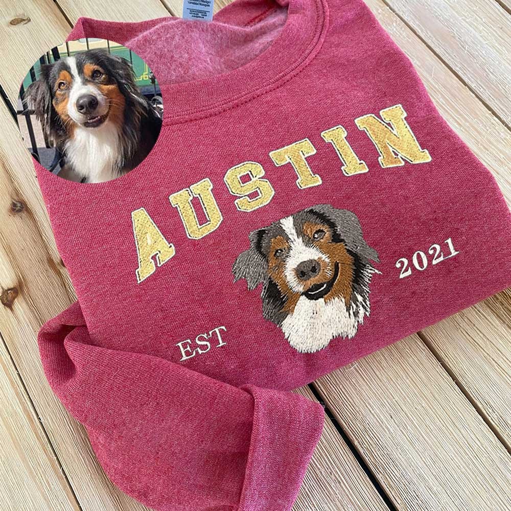 Custom Embroidered Dog Face Varsity Sweatshirt For Pet Lover Gift