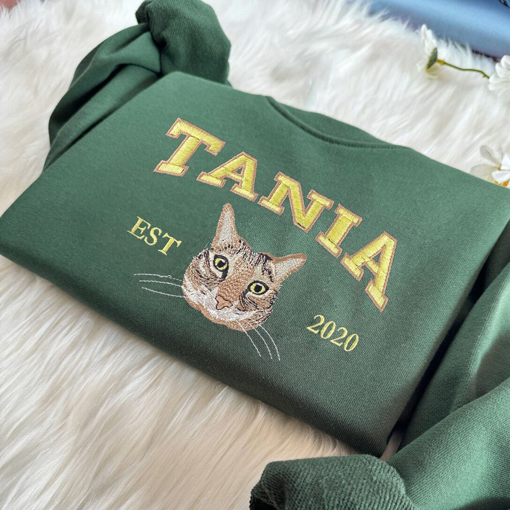 Custom Embroidered Cat Face Varsity Sweatshirt For Pet Lover Gift