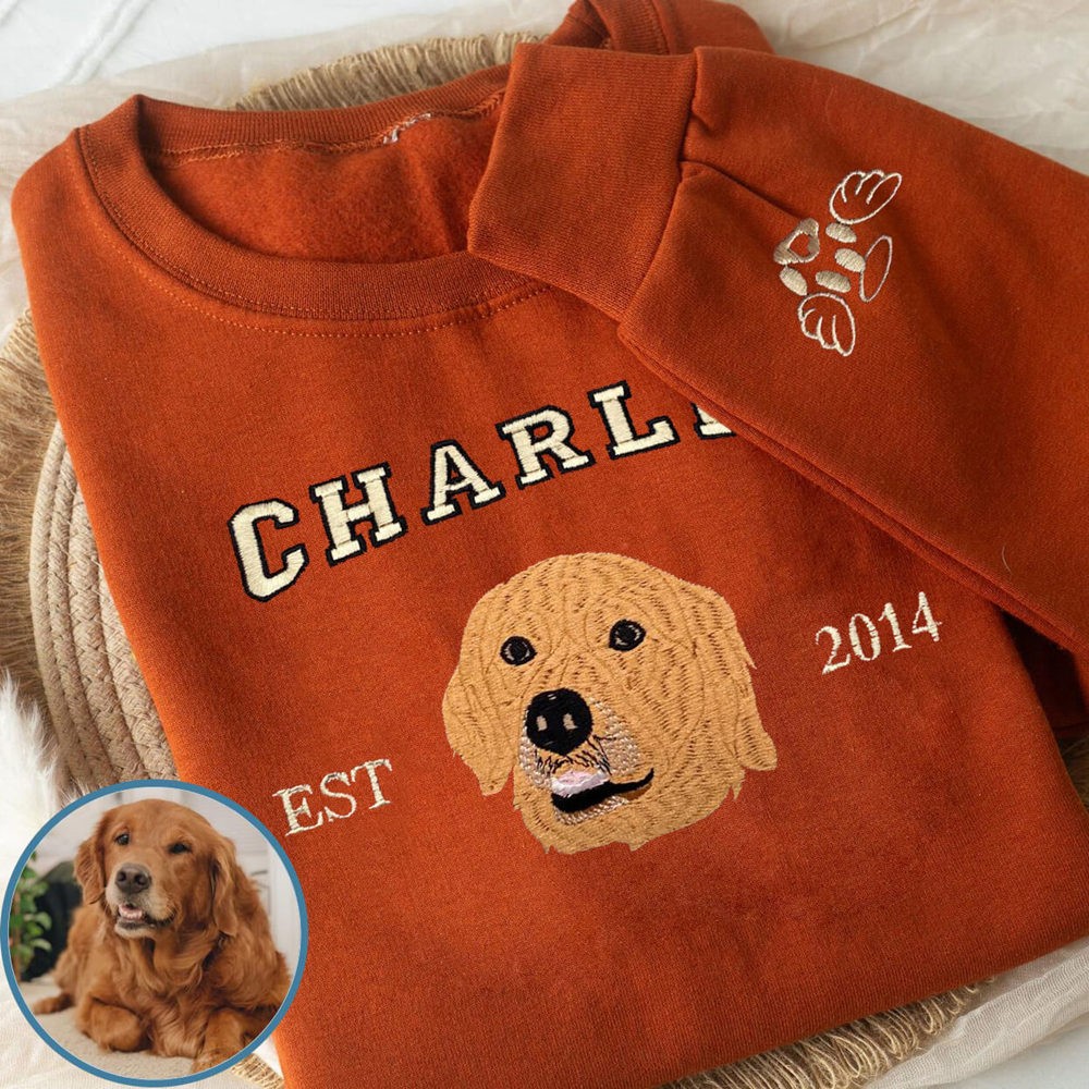 Custom Embroidered Dog Face Varsity Sweatshirt For Pet Lover Gift