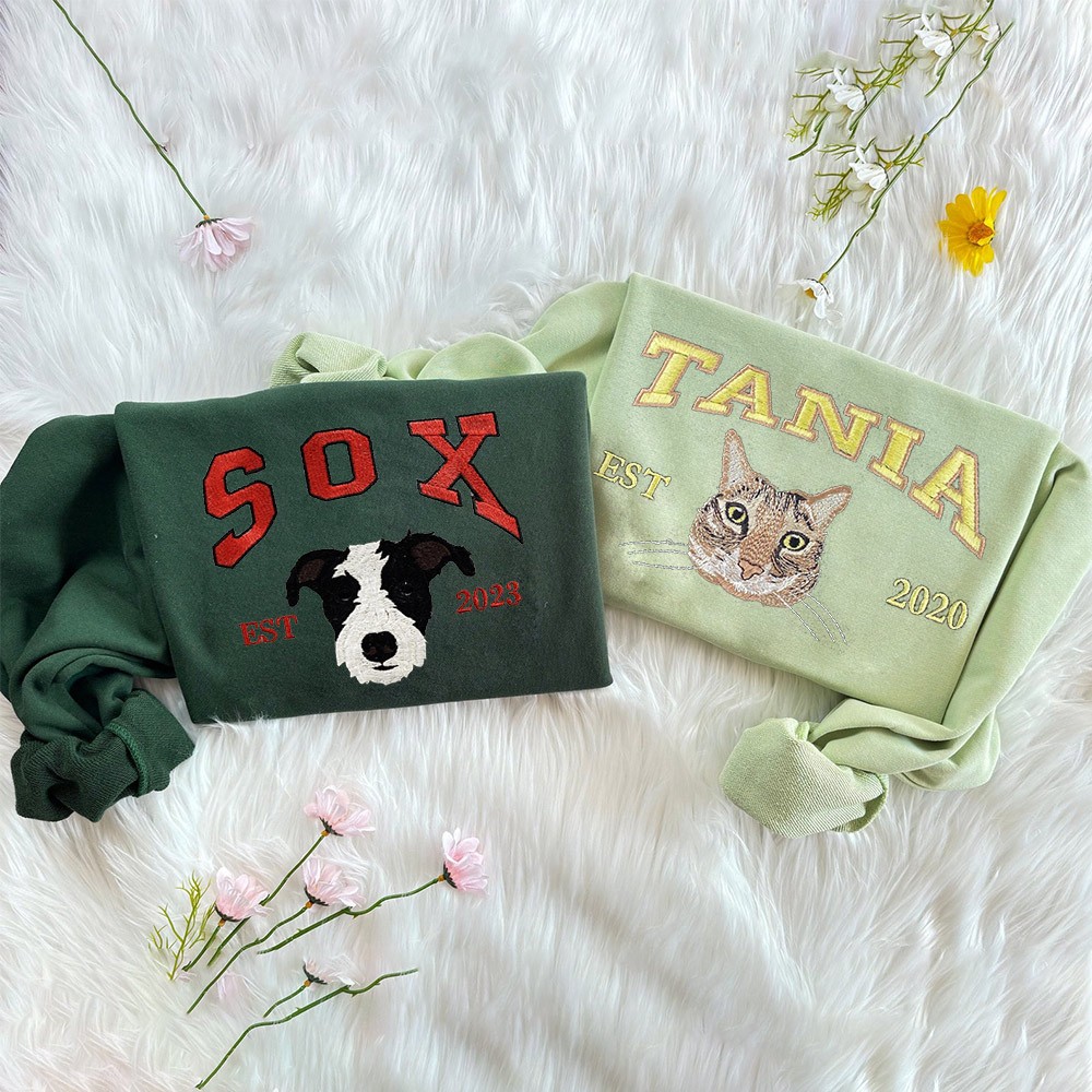 Custom Embroidered Pet Face Varsity Sweatshirt For Dog Cat Lover Gift