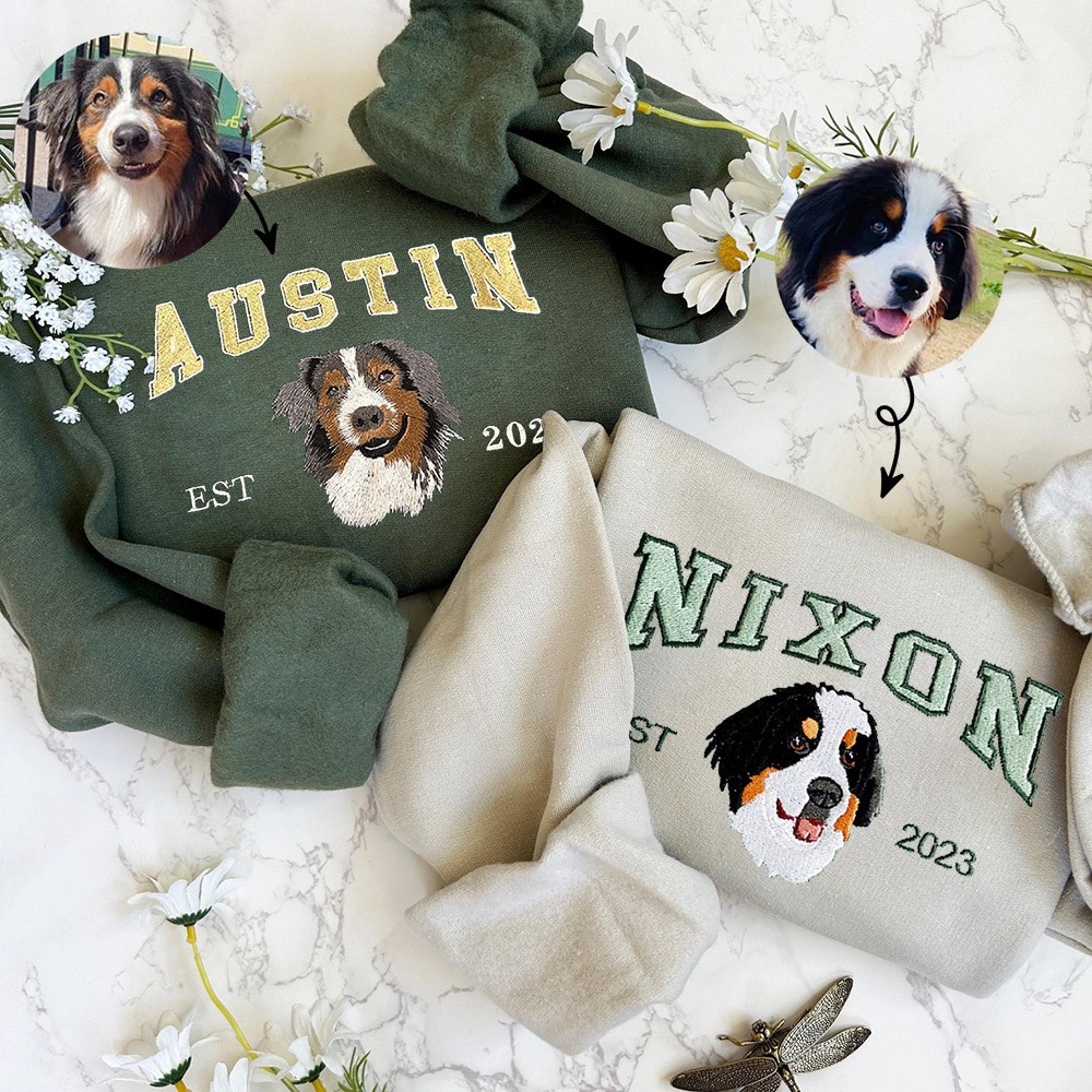 Custom Embroidered Dog Face Varsity Sweatshirt For Pet Lover Gift