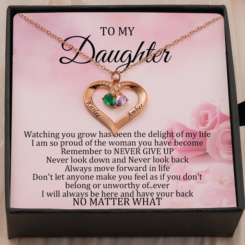 Personalized Heart Shaped Necklace With Names and Birthstones Gifts For Daughter