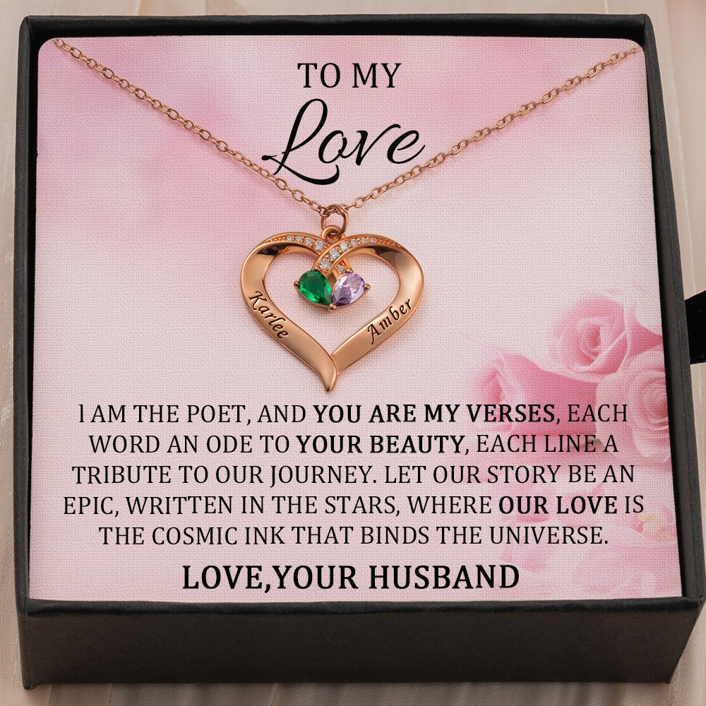 Personalized Engraved Name Necklace With 2 Birthstones Gifts For Couple