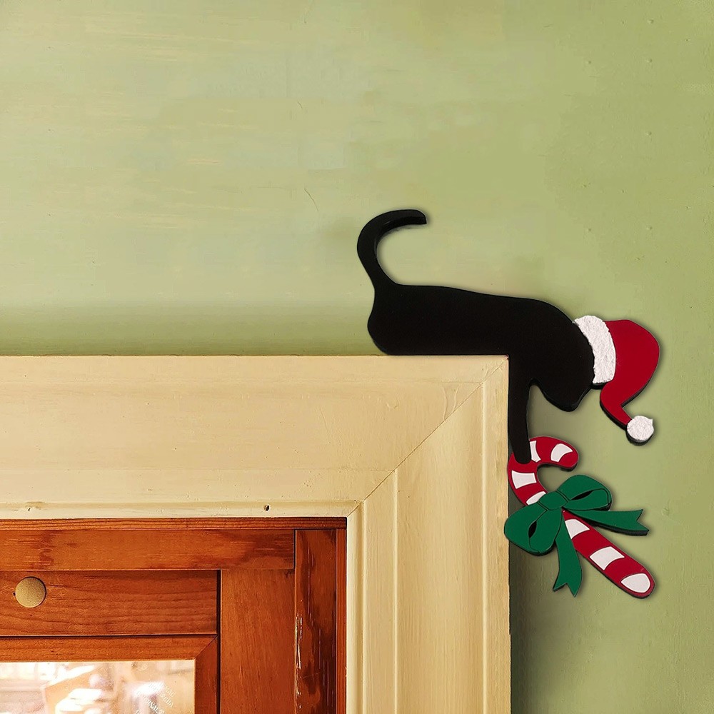 Cat with Christmas Candy Cane Door Corner Sign Holiday Decoration