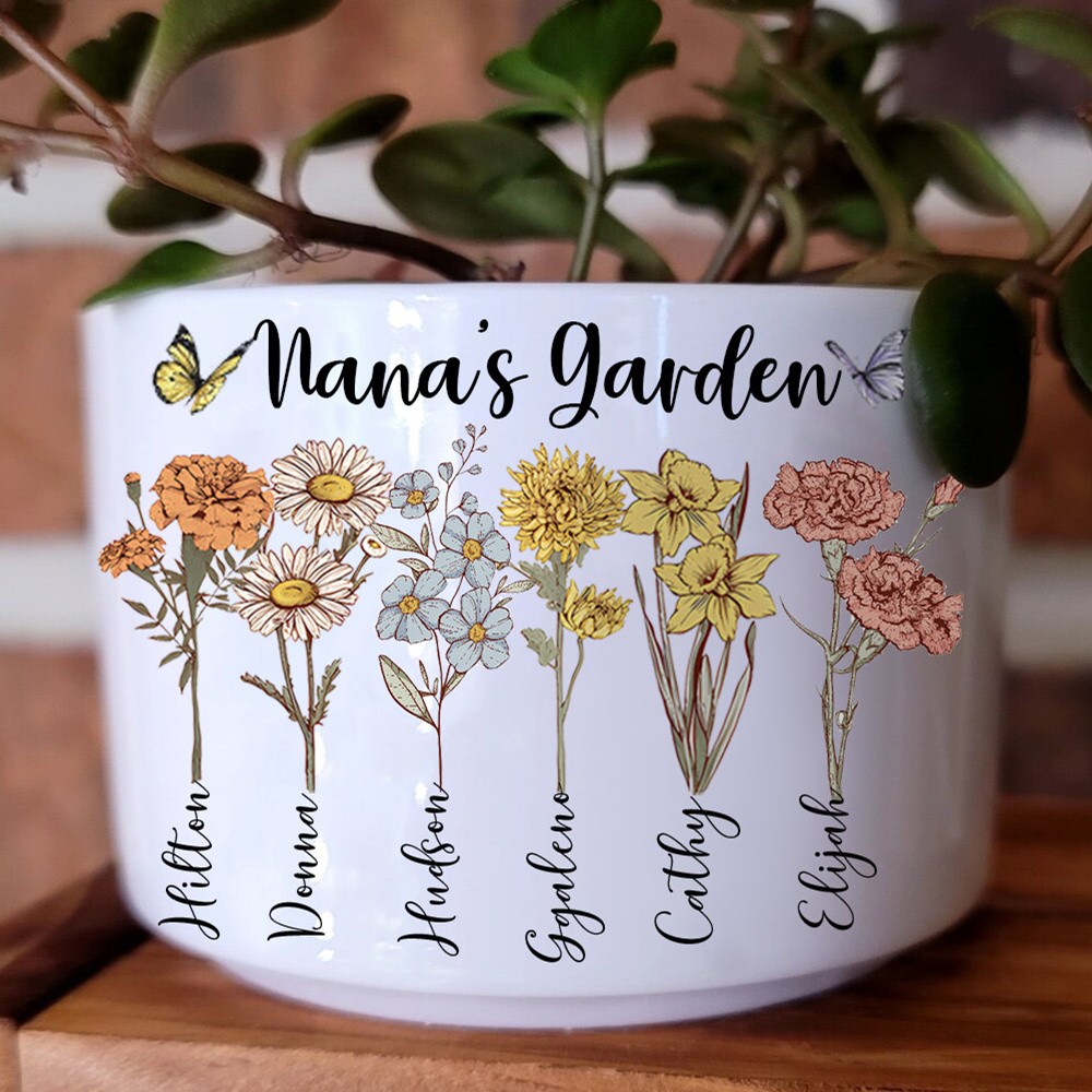 Personalized Nana's Garden Birth Flower Pot with Grandchildren Name For Christmas Gift Ideas