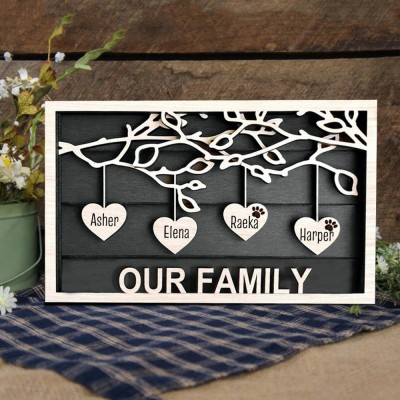 Personalized Family Tree Wood Frame Sign with Kids Name For Christmas Family Gift