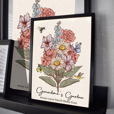 Custom Grandma's Garden Birth Flower Bouquet Frame with Grandchildren Names For Christmas Gift Ideas