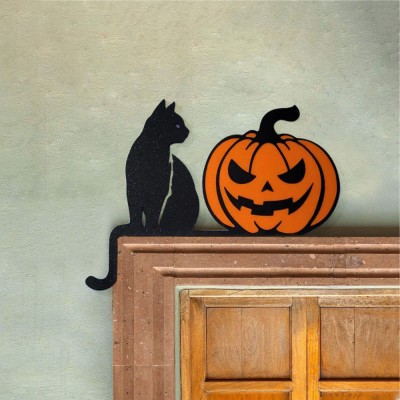 Halloween Black Cat Door Topper Corner Sign Mantel Shelf Home Decor