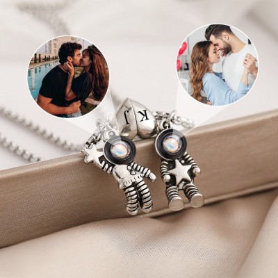 Custom Astronaut Magnetic Necklace With Photo and Engraved Initials For Couple Valentine's Day