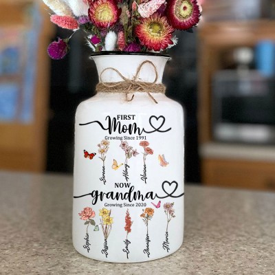 First Mom Now Grandma Custom Birth Flower Vase With Kids Name For Christmas Gift Ideas