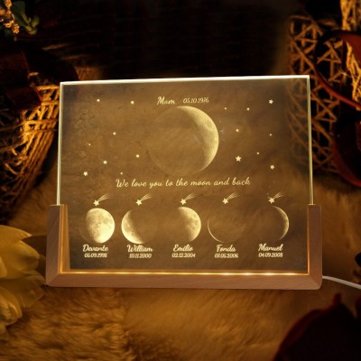 Custom Mom's Galaxy LED Light Moon Phase Frame With Kids Names and Dates For Mother's Day Gifts