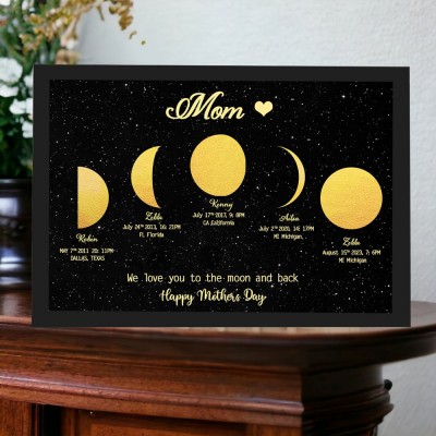 Custom Moon Phase Art Print Frame With Kids Names Unique Mother's Day Gifts