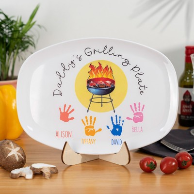 Personalized BBQ Daddy's Grilling Plate With Kids Name and Handprints For Father's Day