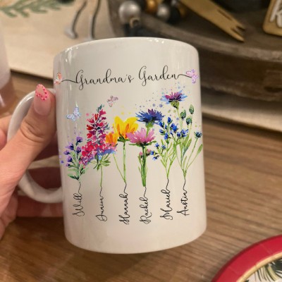 Custom Grandma's Garden Birth Flower Mug with Grandchildren Name For Christmas Family Gift Ideas