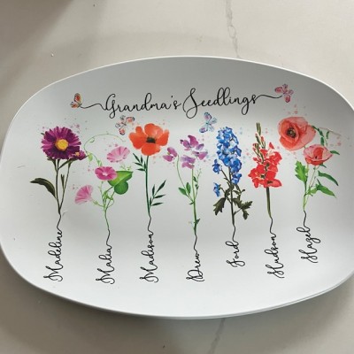 Custom Grandma's Garden Birth Flower Platter with Grandchildren Name For Christmas Family Gift Ideas