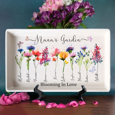 Personalized Nana's Garden Birth Flower Platter with Grandchildren Name For Christmas Family Gift Ideas