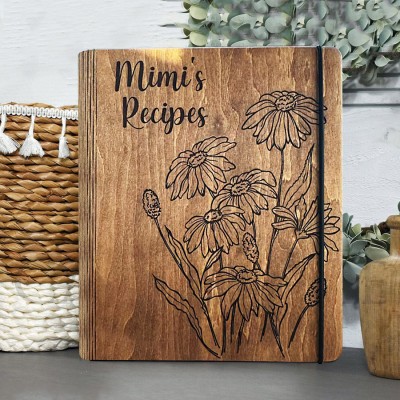 Personalized Wood Recipe Book Blank Binder Birth Flower Cookbook For Mom Grandma Christmas Anniversary Gift