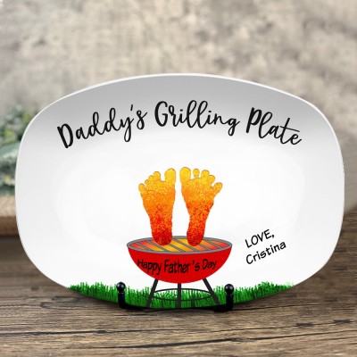 Daddy's Grilling Plate Personalized Footprint Platter With Kids Name For Father's Day