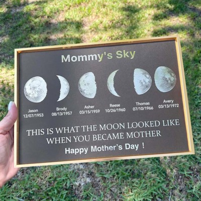 Custom Mommy's Sky Moon Phase Frame With Kids Names For Christmas Gift