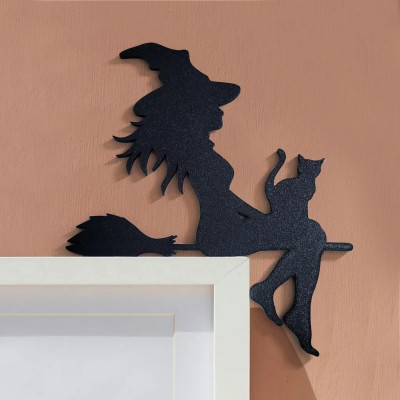 Halloween Witch Cat Flying Broomstick Door Topper Home Decor