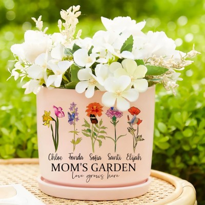 Custom Grandma's Garden Birth Flower Pot with Kids Names For Grandma Mom Anniversary Gift