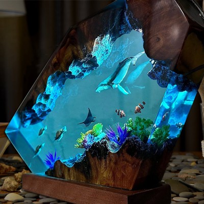 Ocean Humpback Whale Resin Night Wood Lamp Art Decor