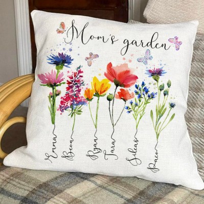 Personalized Mom's Garden Birth Flower Pillow with Kids Name For Christmas Family Gift Ideas