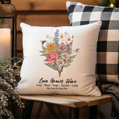 Personalized Birth Flower Bouquet Pillow with Kids Name For Christmas Family Gift Ideas