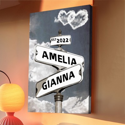 Personalized Couple Vintage Street Sign Canvas Print Wall Art For Valentine's Day Gift