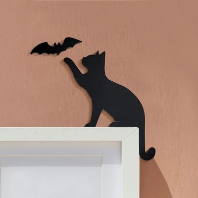 Halloween Black Cat Door Topper Corner Sign Mantel Shelf Home Decor