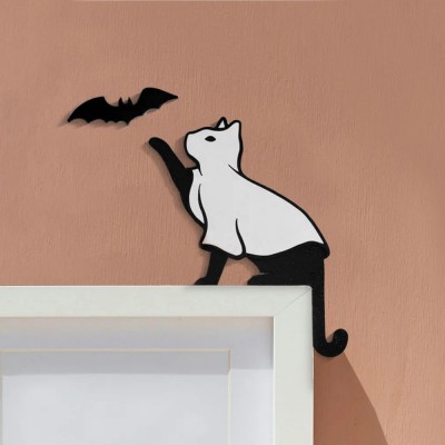 Halloween Black Ghost Cat Door Topper Corner Sign Mantel Shelf Home Decor