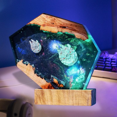 Spaceships Galaxy Resin Wood Art Lamp