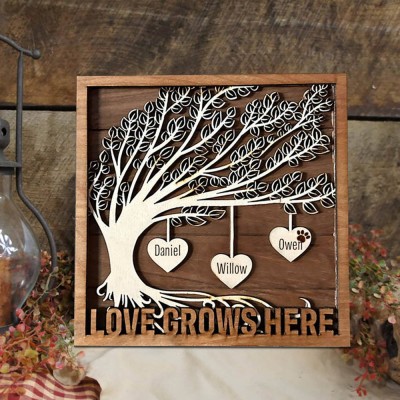 Personalized Family Tree Wood Frame Sign with Kids Name For Christmas Family Gift