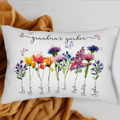 Personalized Grandma's Garden Birth Flower Pillow with Grandchildren Name For Christmas Family Gift Ideas