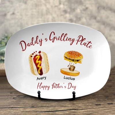 Personalized Burger Hot Dog Handprint Footprint Plate With Name For Father's Day