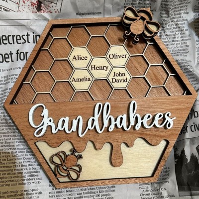 Personalized Grandbabees Wood Sign Bee Hive Family For Grandma Mom Christmas Gift