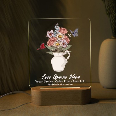 Custom Birth Flower Bouquet Acrylic Led Night Light For Mom Grandma Christmas Gift