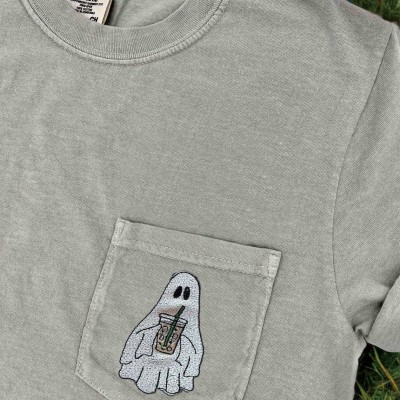 Embroidered Halloween Pocket Tee Spooky Season Shirt