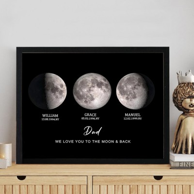 Custom Dad's Moon Phase Print Frame With Kids Names For Father's Day Gifts