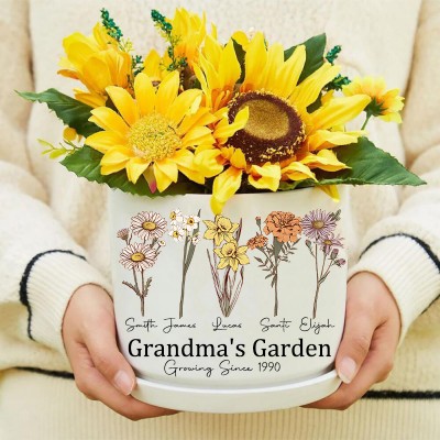 Custom Grandma's Garden Birth Flower Pot with Grandchildren Name For Christmas Gift Ideas