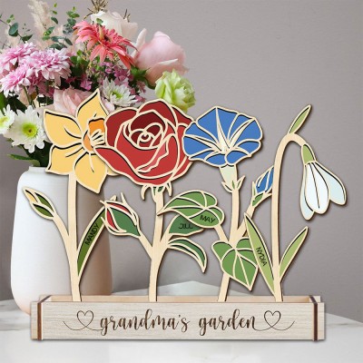 Custom Wood Birth Flower Grandma's Garden Home Decor For Family Christmas Gift