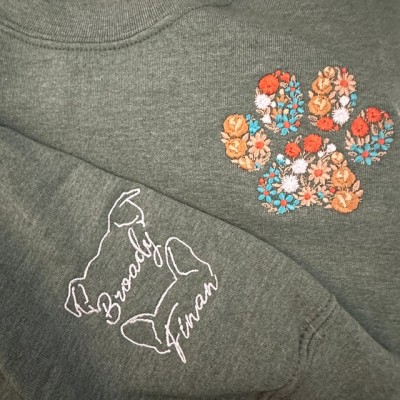 Custom Embroidered Floral Paw Print Sweatshirt With Pet Ear Outline For Pet Lover Gift