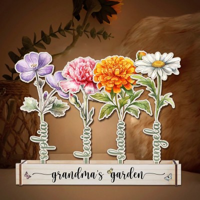 Custom Wood Birth Flower Grandma's Garden Home Decor For Family Christmas Gift