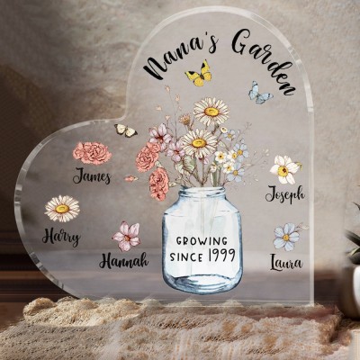 Personalized Nana's Garden Birth Flower Heart Acrylic Plaque For Christmas Family Gifts