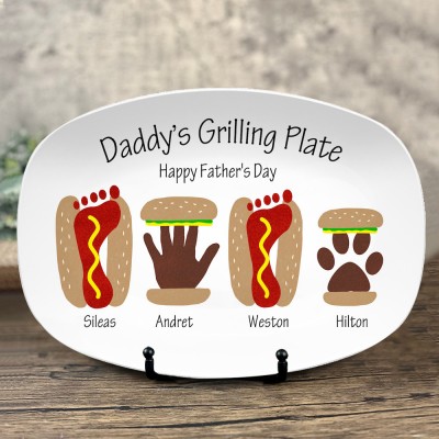 Personalized Burger Hot Dog Handprint Footprint Plate With Name For Father's Day