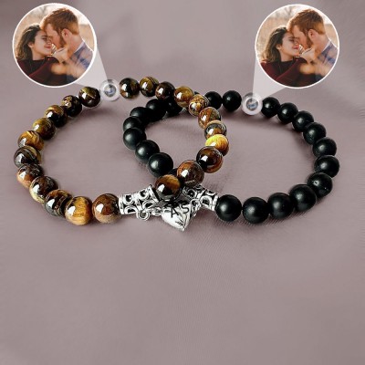 Personalized Set Beaded Letters Magnetic Bracelets With Custom Image Inside For Couple Wedding Gifts