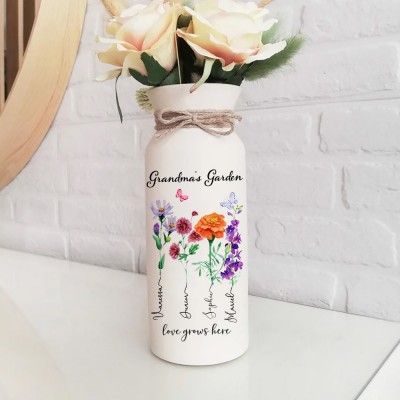 Custom Grandma's Garden Birth Flower Vase with Kids Names For Grandma Mom Anniversary Gift