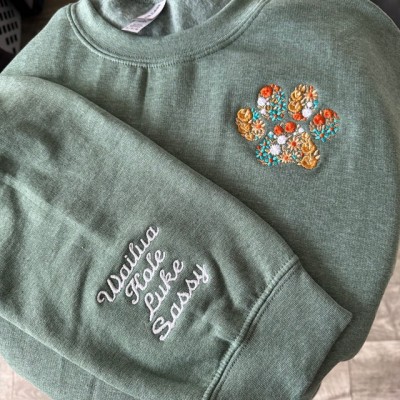 Custom Embroidered Floral Paw Print Sweatshirt For Dog Mom Pet Lover Gift