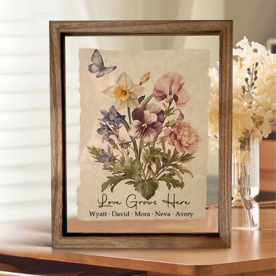 Custom Birth Flower Family Bouquet Frame Antique Home Art For Mom Grandma Christmas Gift