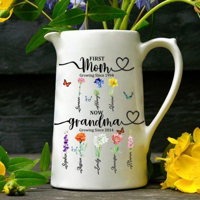 First Mom Now Grandma Personalized Birth Flower Vase With Kids Name For Christmas Gift Ideas